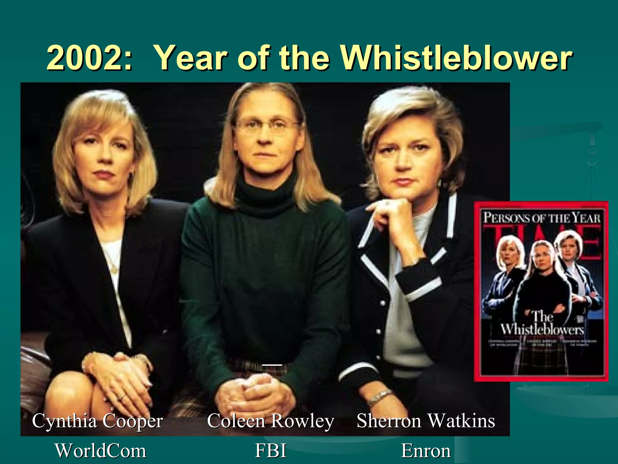 2002:  Year of the Whistleblower Cynthia Cooper  WorldCom Coleen Rowley FBI Sherron Watkins Enron 