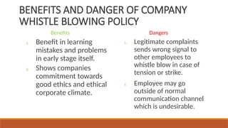 1. Benefit in learning
mistakes and problems
in early stage itself.
2. Shows companies
commitment towards
good ethics and ethical
corporate climate.
1. Legitimate complaints
sends wrong signal to
other employees to
whistle blow in case of
tension or strike.
2. Employee may go
outside of normal
communication channel
which is undesirable.
BENEFITS AND DANGER OF COMPANY
WHISTLE BLOWING POLICY
Benefits Dangers
 