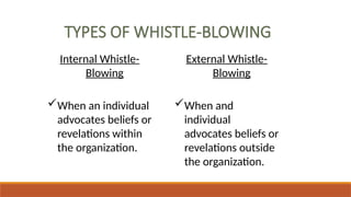 TYPES OF WHISTLE-BLOWING
Internal Whistle-
Blowing
When an individual
advocates beliefs or
revelations within
the organization.
External Whistle-
Blowing
When and
individual
advocates beliefs or
revelations outside
the organization.
 