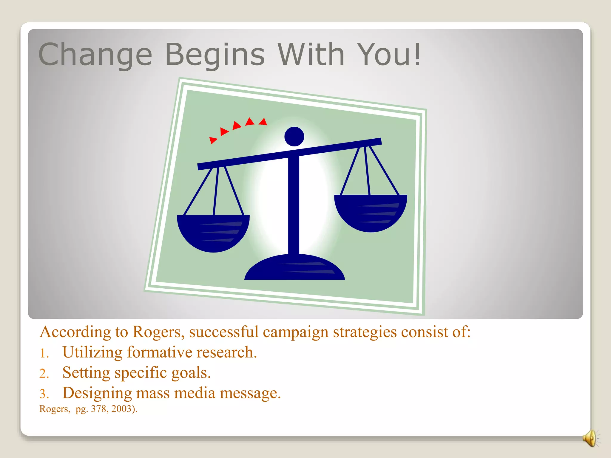 Change Begins With You!
According to Rogers, successful campaign strategies consist of:
1. Utilizing formative research.
2. Setting specific goals.
3. Designing mass media message.
Rogers, pg. 378, 2003).
 