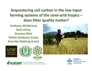 Sequestering soil carbon in the low input
farming systems of the semi-arid tropics –
does litter quality matter?
Anthony Whitbread
Rod Lefroy
Graeme Blair
Yothin Konboon (Late)
Kunnika Naklang (Late)
 
