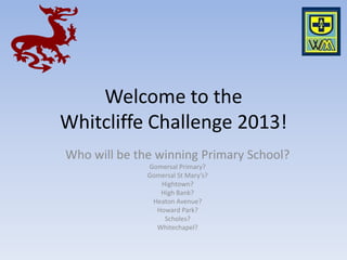 Welcome to the
Whitcliffe Challenge 2013!
Who will be the winning Primary School?
Gomersal Primary?
Gomersal St Mary’s?
Hightown?
High Bank?
Heaton Avenue?
Howard Park?
Scholes?
Whitechapel?
 
