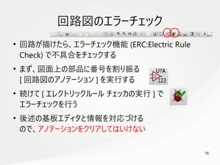 16
　
回路図のエラーチェック
●
回路が描けたら、エラーチェック機能 (ERC:Electric Rule
Check) で不具合をチェックする
●
まず、図面上の部品に番号を割り振る
[ 回路図のアノテーション ] を実行する
●
続けて [ エレクトリックルール チェッカの実行 ] で
エラーチェックを行う
●
後述の基板エディタと情報を対応づける
ので、アノテーションをクリアしてはいけない
 