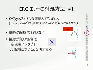 18
　
ERC エラーの対処方法 #1
●
ErrType(2): ピンは接続されていません
( そして、このピンに接続するシンボルが見つかりません )
●
単純に配線されていない
●
接続が無い場合は
[ 空き端子フラグ ]
で、配線しないことを明示する
NG
 