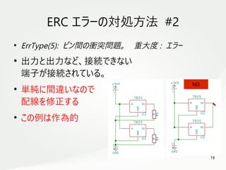 19
　
ERC エラーの対処方法 #2
●
ErrType(5): ピン間の衝突問題。　重大度 : エラー
●
出力と出力など、接続できない
端子が接続されている。
●
単純に間違いなので
配線を修正する
●
この例は作為的
NG
 