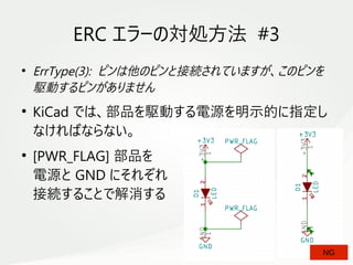 20
　
ERC エラーの対処方法 #3
●
ErrType(3): ピンは他のピンと接続されていますが、このピンを
駆動するピンがありません
●
KiCad では、部品を駆動する電源を明示的に指定し
なければならない。
●
[PWR_FLAG] 部品を
電源と GND にそれぞれ
接続することで解消する
NG
 