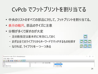 24
　
CvPcb でフットプリントを割り当てる
●
中央のリストのすべての部品に対して、フットプリントを割り当てる。
●
表示の縮尺、部品のサイズに注意
●
分類が多くて探すのが大変
– 足の数指定は基本的に有効にしておく
– まずは全てのライブラリからキーワードでマッチするものを探す
– なければ、ライブラリを一つ一つ漁る
 