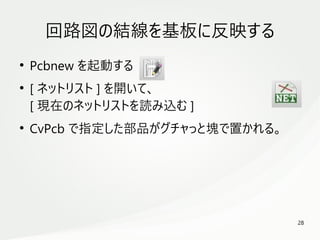 28
　
回路図の結線を基板に反映する
●
Pcbnew を起動する
●
[ ネットリスト ] を開いて、
[ 現在のネットリストを読み込む ]
●
CvPcb で指定した部品がグチャっと塊で置かれる。
 