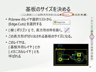 32
　
基板のサイズを決める
●
Pcbnew のレイヤ選択リストから
[Edge.Cuts] を選択する
●
[ 線 ( ポリゴン )] で、長方形の枠を描く。
●
この長方形が切り出される基板のサイズになる。
●
このレイヤは、
[ 基板外形レイヤ ] とか
[ メカニカルレイヤ ] とも
呼ばれる
 