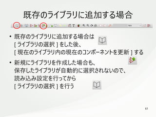 61
　
既存のライブラリに追加する場合
●
既存のライブラリに追加する場合は
[ ライブラリの選択 ] をした後、
[ 現在のライブラリ内の現在のコンポーネントを更新 ] する
●
新規にライブラリを作成した場合も、
保存したライブラリが自動的に選択されないので、
読み込み設定を行ってから
[ ライブラリの選択 ] を行う
 
