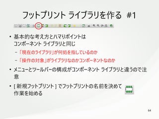 64
　
フットプリント ライブラリを作る #1
●
基本的な考え方とハマりポイントは
コンポーネント ライブラリと同じ
– 「現在のライブラリ」が何処を指しているのか
– 「操作の対象」がライブラリなのかコンポーネントなのか
●
メニューとツールバーの構成がコンポーネント ライブラリと違うので注
意
●
[ 新規フットプリント ] でフットプリントの名前を決めて
作業を始める
 