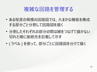 70
　
複雑な回路を管理する
●
ある程度の規模の回路図では、大まかな機能を構成
する部分ごと分割して回路図を描く
●
分割したそれぞれの部分の間は線をつなげて描かない
切れた線に接続先を記載して示す
●
[ ラベル ] を使って、部分ごとに回路図を分けて描く
 