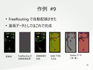 83
　
作例 #9
●
FreeRouting で自動配線させた
●
基板データとしてはこれで完成
配線前 FreeRouting の
自動配線結果
自動配線を
反映
GND ベタを
入れる
Gerber データ
( 表・裏 )
 