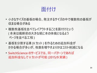 84
　
面付け
●
小さなサイズの基板の場合、発注するサイズの中で複数枚の基板が
収まる場合がある
●
複数枚基板を並べてレイアウトすることを面付けという
( 本来は裁断前の大きな紙に本の体裁となるよう
ページを並べる工程 )
●
基板を分割する溝 (V カット ) を作るための追加料金が
かかる場合が多いが、枚数を増やすよりかはコスト削減になる
●
SwitchScience のサービスでは、同一パターンであれば
追加料金なしで V カットが可能 (2015/9 実績 )
 