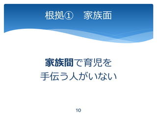 10
根拠① 家族面
家族間で育児を
手伝う人がいない
 