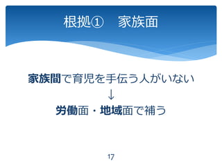 家族間で育児を手伝う人がいない
↓
労働面・地域面で補う
17
根拠① 家族面
 
