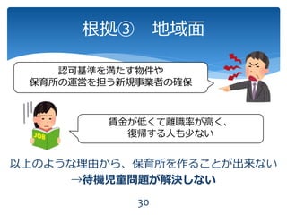 根拠③ 地域面
30
以上のような理由から、保育所を作ることが出来ない
→待機児童問題が解決しない
賃金が低くて離職率が高く、
復帰する人も少ない
認可基準を満たす物件や
保育所の運営を担う新規事業者の確保
 