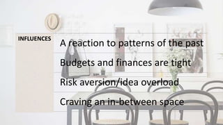 INFLUENCES
A reaction to patterns of the past
Budgets and finances are tight
Risk aversion/idea overload
Craving an in-between space
 