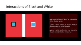 Interactions of Black and White
React quite differently when surrounded by
either black or white.
Against a black outline, it frames the hue
and constrains its visual presence.
Against a white outline, the hue seems to
visually expand into the white area.
 