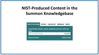 NIST-Produced Content in the
Summon Knowledgebase
 