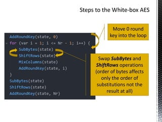 Move 0 round
key into the loop
Swap SubBytes and
ShiftRows operations
(order of bytes affects
only the order of
substitutions not the
result at all)
 