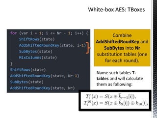 Combine
AddShiftedRoudKey and
SubBytes into Nr
substitution tables (one
for each round).
Name such tables T-
tables and will calculate
them as following:
 