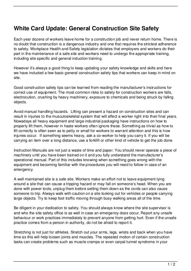 White Card Update General Construction Site Safety