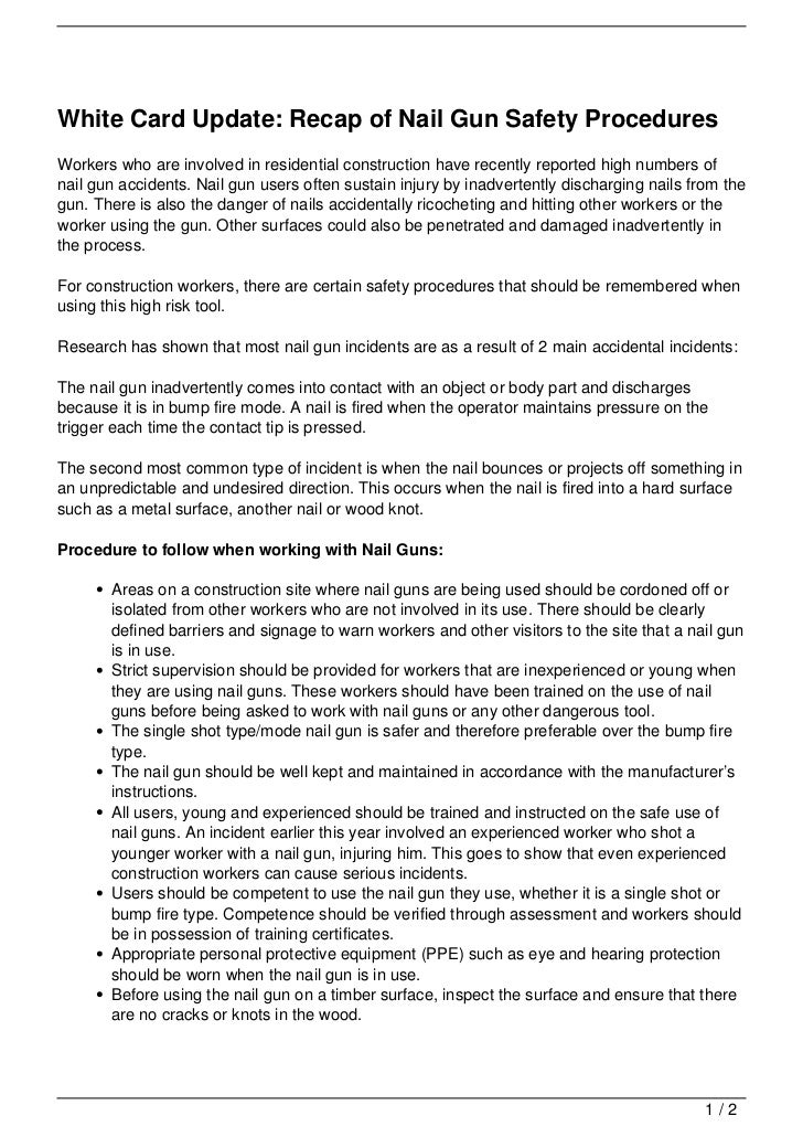 White Card Update Recap of Nail Gun Safety Procedures