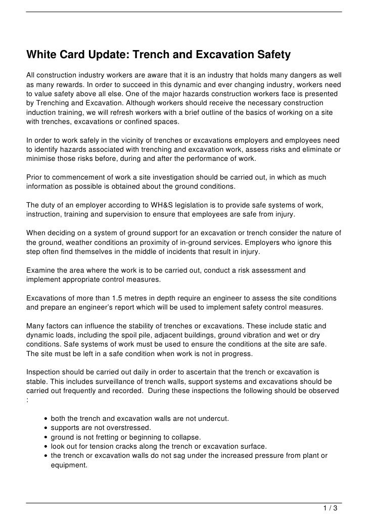 White Card Update Trench And Excavation Safety