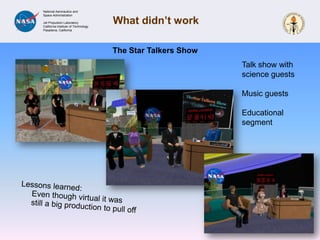  Landing eventPost event analysisFindings…People enjoyed the event and some stated they felt like it was a “real event”Avatars posed with photograph of astronautsPerson to person interaction was highPublic wanted more!