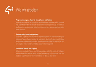 Programmierung von Apps für Smartphones und Tablets
Wir entwickeln mit Ihnen ein Pflichtenheft als konzeptionelle Grundlage für Ihre zukünftige App.
Auf dieser Basis entwerfen wir einen Prototypen in dem wir zusammen die Workflows und das
Design optimieren. Nach der Abnahme des Prototypen beginnen wir mit der Programmierung
der App.
Transparentes Projektmanagement
Sie erhalten Zugriff auf unser hausinternes Projektmanagement mit Versionsverwaltung und
Milestones-Planung. Dadurch werden Sie automatisch über jede Änderung und Erfüllung von
einzelnen Projektschritten informiert. Änderungswünsche können Sie direkt in das System ein-
geben und wir werden unmittelbar darüber in Kenntnis gesetzt.
Gesicherter Betrieb und Support
Mit unseren individuellen Service- und Wartungsverträgen stellen Sie einfach die Verfügbarkeit
Ihrer Anwendung jederzeit sicher. Von der Serverwartung und -monitoring, 2nd- und 3rd-Level
Support bis hin zur Hotline bieten wir alles aus einer Hand.
Wie wir arbeiten
5
 