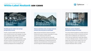 use casesWhite-Label Neobank
For any type and size of business
Build your unicorn Neobank
startup and conquer the world
The turnkey neobank by Optherium provides startups an
opportunity to save up to €5m on investments and up to
5 years of life on building their own neobank from a
scratch. We cover startups with a ready-made software,
our licenses, dedicated customer, compliance, technical
support team, and all the other aspects, from A-to-Z,
instantly making them ready to compete with such
companies like Revolut, Monzo, and N26.
Startups &

New Businesses
Simplify payroll, enable cost-savings
and get extra income
Provide a corporate neobank app with branded debit
cards, and bank accounts to your employees. Pay salary
to your employees straight to their corporate wallets.
This enables significant cost-savings to business,
simplifies the payroll process, raises employees' loyalty,
and returns a portion of the payroll pool back to the
company in the form of fees from the usage of the
neobank by employees and non-employee users.
Large & Medium

Enterprises
Reduce operating costs, increase revenues,
enhance security, grow & scale faster
Digital only bank eliminates the need for the physical
branches and in-person customer onboarding. It is cutting
costs for the maintenance of the staff and
IT-infrastructure. And at the same time, white-label
Neobank by Optherium enhances the data security & user
experience, allowing banks to onboard businesses and
individuals online and offer them a full banking stack of
services through the mobile & web apps globally.
Traditional Banks &

Financial Institutions
 