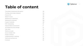 Table of content
The global neobanking disruption 03
Turnkey white-label neobank 04
Future-rich 05
Bank-in-a-box 06
Neobank for individuals 07
Neobank for business 08
Custom modules 09
KYC onboarding 10
Passwordless environment 11
Encrypted security storage 12
Use cases 13
Revenue model 14
Go-to-market time 15
Project timeline 16
Implementation roadmap 17
Technical architecture 18
Contacts 19
 