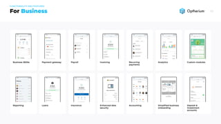 BusinessFor
Business IBANs Payment gateway Payroll Invoicing Recurring
payments
Analytics Custom modules
Reporting Loans Insurance Enhanced data
security
Accounting Simplified business
onboarding
Deposit &
Investment
accounts
Functionality and features
 