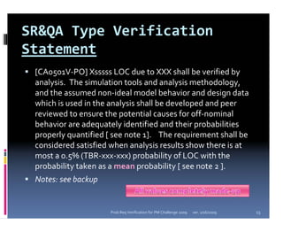 SR&QA Type Verification 
Statement
 [CA0501V‐PO] Xsssss LOC due to XXX shall be verified by 
 analysis.  The simulation tools and analysis methodology, 
 and the assumed non‐ideal model behavior and design data 
 which is used in the analysis shall be developed and peer 
 reviewed to ensure the potential causes for off‐nominal 
 behavior are adequately identified and their probabilities 
 properly quantified [ see note 1].    The requirement shall be 
 considered satisfied when analysis results show there is at 
 most a 0.5% (TBR‐xxx‐xxx) probability of LOC with the 
 probability taken as a mean probability [ see note 2 ].
 Notes: see backup


                       Prob Req Verification for PM Challenge 2009   ver. 1/16/2009   13
 