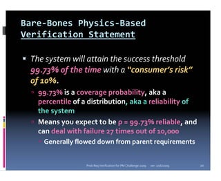 Bare‐Bones Physics‐Based 
Verification Statement

 The system will attain the success threshold 
 99.73% of the time with a “consumer’s risk”
 of 10%.
   99.73% is a coverage probability, aka a 
   percentile of a distribution, aka a reliability of 
   the system
   Means you expect to be ρ = 99.73% reliable, and 
   can deal with failure 27 times out of 10,000
    Generally flowed down from parent requirements


                  Prob Req Verification for PM Challenge 2009   ver. 1/16/2009   20
 
