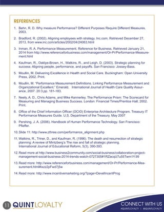 11
REFERENCES
1.	 Behn, R. D. Why measure Performance? Different Purposes Require Different Measures.
2003.
2.	 Bradford, R. (2002). Aligning employees with strategy. Inc.com. Retrieved December 27,
2013, from www.inc.com/articles/2002/04/24063.html
3.	 Inman, R. A. Performance Measurement. Reference for Business. Retrieved January 21,
2014 from http://www.referenceforbusiness.com/management/Or-Pr/Performance-Measure-
ment.html
4.	 Kaufman, R., Oaklye-Brown, H., Watkins, R., and Leigh, D. (2003). Strategic planning for
success: Aligning people, performance, and payoffs. San Francisco: Jossey-Bass.
5.	 Moullin, M. Delivering Excellence in Health and Social Care. Buckingham: Open University
Press, 2002. Print.
6.	 Moullin, M. “Performance Measurement Definitions. Linking Performance Measurement and
Organizational Excellent.” Emerald. 	 International Journal of Health Care Quality Assur-
ance, 2007. 20:3,pp. 181-183.
7.	 Neely, A. D., Chris Adams, and Mike Kennerley. The Performance Prism: The Scorecard for
Measuring and Managing Business Success. London: Financial Times/Prentice Hall, 2002.
Print.
8.	 Office of the Chief Information Officer (OCIO) Enterprise Architecture Program. Treasury IT
Performance Measures Guide. U.S. Department of the Treasury. May 2007
9.	 Pershing, J. A. (2006). Handbook of Human Performance Technology. San Francisco:
Pfieffer.
10.	Slide 11: http://www.zthree.com/performance_alignment.php
11.	Watkins, R., Triner, D., and Kaufman, R. (1996). The death and resurrection of strategic
planning: A review of Mintzberg’s The rise and fall of strategic planning.
International Journal of Educational Reform, 5(3), 390-393.
12.	Read more at http://www.business2community.com/social-business/collaboration-project-
management-social-business-2014-trends-watch-0727305#1RZacqU7u55Twm1Y.99
13.	Read more: http://www.referenceforbusiness.com/management/Or-Pr/Performance-Mea-
surement.html#ixzz2pFwd7j5w
14.	Read more: http://www.incentivemarketing.org/?page=DevelIncentProg
 