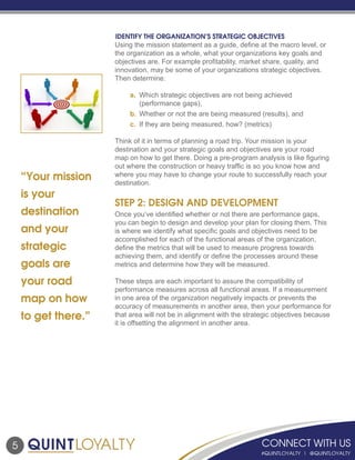 “Your mission
is your
destination
and your
strategic
goals are
your road
map on how
to get there.”
5
IDENTIFY THE ORGANIZATION’S STRATEGIC OBJECTIVES
Using the mission statement as a guide, define at the macro level, or
the organization as a whole, what your organizations key goals and
objectives are. For example profitability, market share, quality, and
innovation, may be some of your organizations strategic objectives.
Then determine:
			
		a.	 Which strategic objectives are not being achieved
			(performance gaps),
		b.	 Whether or not the are being measured (results), and
		c.	 If they are being measured, how? (metrics)
Think of it in terms of planning a road trip. Your mission is your
destination and your strategic goals and objectives are your road
map on how to get there. Doing a pre-program analysis is like figuring
out where the construction or heavy traffic is so you know how and
where you may have to change your route to successfully reach your
destination.
STEP 2: DESIGN AND DEVELOPMENT
Once you’ve identified whether or not there are performance gaps,
you can begin to design and develop your plan for closing them. This
is where we identify what specific goals and objectives need to be
accomplished for each of the functional areas of the organization,
define the metrics that will be used to measure progress towards
achieving them, and identify or define the processes around these
metrics and determine how they will be measured.
These steps are each important to assure the compatibility of
performance measures across all functional areas. If a measurement
in one area of the organization negatively impacts or prevents the
accuracy of measurements in another area, then your performance for
that area will not be in alignment with the strategic objectives because
it is offsetting the alignment in another area.
 