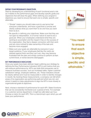 6
“You need
to ensure
that each
objective
is simple,
specific and
attainable.”
DEFINE YOUR PROGRAM’S OBJECTIVES
Start by developing an understanding of each functional area’s role
as it relates to the performance gaps and develop specific goals and
objectives that will close the gaps. When defining your program’s
objectives you need to ensure that each one is simple, specific and
attainable.
	•	“Simple” means you should make sure to use terms that
		 everyone understands, and have a goal that is concise and
		 clearly outlines what you want them to do and how you want
		 them to do it.
	 •	 Be specific in defining your objectives. Make sure that they are
		 not open to interpretation. It is human nature to want to do a
		 good job. When your employees understand what they are
		 working to accomplish and the impact it has on the success of 		
		 the organization, they feel a deeper connection with their work
		and are more inclined to take ownership of the task and
		 become more engaged.
	 •	 Make sure your goals are attainable by everyone in your
		 target audience. If your employees feel like the cards are
		 stacked against them and they can’t win, they may become
		 frustrated with the plan and simply continue to perform at their
		 current level, or worse become disengaged.
KEY PERFORMANCE INDICATORS
Once your goals have been defined, begin outlining your strategy by
defining the Key Performance Indicators (KPI’s) and metrics that you
will measure performance by. KPI’s are tools that companies use to
measure business success, such as increased sales, higher customer
satisfaction ratings, employee wellness, etc. These indicators should
be clearly defined and must be measurable in order to identify changes
in results. By tracking these measurements, a company can tell which
areas of its organization are performing well and which are not, and
where it needs to make adjustments to align the KPI’s more closely to
organizational goals & objectives.
Next, choose a standard of performance for each KPI. Select functions
that can be consistently monitored over a period of time. For example
in a customer service department, it might be calls taken per hour.
Choose a metric for each KPI. This is a benchmark upon which you will
base your performance.
 