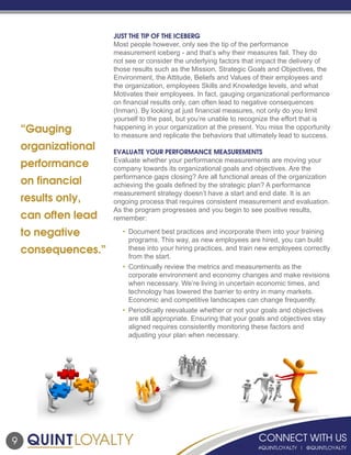 9
JUST THE TIP OF THE ICEBERG
Most people however, only see the tip of the performance
measurement iceberg - and that’s why their measures fail. They do
not see or consider the underlying factors that impact the delivery of
those results such as the Mission, Strategic Goals and Objectives, the
Environment, the Attitude, Beliefs and Values of their employees and
the organization, employees Skills and Knowledge levels, and what
Motivates their employees. In fact, gauging organizational performance
on financial results only, can often lead to negative consequences
(Inman). By looking at just financial measures, not only do you limit
yourself to the past, but you’re unable to recognize the effort that is
happening in your organization at the present. You miss the opportunity
to measure and replicate the behaviors that ultimately lead to success.
EVALUATE YOUR PERFORMANCE MEASUREMENTS
Evaluate whether your performance measurements are moving your
company towards its organizational goals and objectives. Are the
performance gaps closing? Are all functional areas of the organization
achieving the goals defined by the strategic plan? A performance
measurement strategy doesn’t have a start and end date. It is an
ongoing process that requires consistent measurement and evaluation.
As the program progresses and you begin to see positive results,
remember:
	 •	 Document best practices and incorporate them into your training
			 programs. This way, as new employees are hired, you can build
			 these into your hiring practices, and train new employees correctly
			 from the start.
	 •	 Continually review the metrics and measurements as the
			 corporate environment and economy changes and make revisions
			 when necessary. We’re living in uncertain economic times, and
			 technology has lowered the barrier to entry in many markets.
			 Economic and competitive landscapes can change frequently.
	 •	 Periodically reevaluate whether or not your goals and objectives
			 are still appropriate. Ensuring that your goals and objectives stay
			 aligned requires consistently monitoring these factors and
			 adjusting your plan when necessary.
“Gauging
organizational
performance
on financial
results only,
can often lead
to negative
consequences.”
 