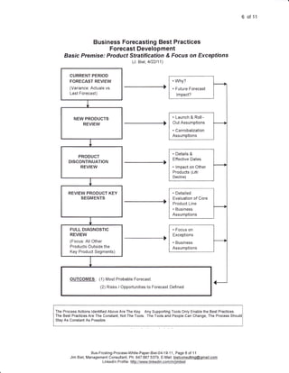 6 of 11



                Business Forecasting Best Practices
                      Forecast Development
      Basic Premise: Product Stratification & Focus on Exceptions
                                                               (J. Biel, 4122111)


         CURRENT PERIOD
         FORECAST REVIEW                                                                         'why?
         (Variance: Actuals vs.                                                                  . Future Forecast
         Last Forecast)                                                                            lmpact?




           NEW PRODUCTS
              REVIEW




                                                                                             i----------"
            PRODUCT
                                                                                             i . Details    &

        DISCONTINUATION
                                                                                             i   ttlectrve lJates
                                                                                             i
               REVIEW                                ------€                                 i . lmpact on Other
                                                                                             i Products (Lift/
                                                                                             i Decline)

        REVIEW PRODUCT KEY                                                                   i   . Detailed
               SEGMENTS                                                                          Evaluation of Core
                                                                                                 Product Line
                                                                                                 . Business
                                                                                                 Assumptions


         FULL DIAGNOSTIC                                                                         . Focus    on
         REVIEW                                                                                  Exceptions
         (Focus: All Other                                                                       . Business
         Products Outside the                                                                    Assumptions
         Key Product Segments)




         OUTCOMES       :   (1) Most Probable Forecast
                            (2) Risks / Opportunities to Forecast Defined




i
i The Process Actions ldentified Above Are The Key. Any Supporting Tools only Enable the Best                         Practices.   i

I The Best Practices Are The Constant, Not The Tools The Tools and People Can Change, The Process Shouldj
i Stay As Constant As Possible




                     Bus-Frcsting-Process-White-Paper-Biel-0zl-1 9-1 1, Page 6 of 1 1
         Jim Biel, Management Consultant, Ph: 847.687.5379, E-Mail: bielconsultinq@qmail.com
                             Li n   ked I n P rofi   I   e   : http ://.wwwlj   n   kedjn.eqmlin4imhiel
 