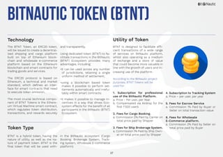 27
•it can be used across any number
of jurisdictions, retaining a single
uniform method of settlement;
•using a blockchain based token
makes it possible to perform set-
tlements automatically and irrefu-
tably within smart contracts;
•it makes it possible to manage in-
centives in a way that drives Eco-
system effects for the benefit of all
participants in the BitNautic (BTNT)
Ecosystem.
BitNautic Token (BTNT)
The BTNT Token, an ERC20 token,
will be issued to create a decentral-
ized shipping and cargo platform
built on top of Ethereum block-
chain and wholesale e-commerce
platform based on the Ethereum
blockchain and smart contracts for
trading goods and services.
The ERC20 protocol is based on
Ethereum, a technical and market
standard, which defines an inter-
face for smart contracts that need
to execute token emission.
The most crucial technical compo-
nent of BTNT Tokens is the Ethere-
um Virtual Machine smart contract,
which regulates token distribution,
transactions, and rewards securely
BTNT is a hybrid token, having the
nature of utility, as well as the na-
ture of payment token. BTNT is the
final token that will be used with-
BTNT is designed to facilitate effi-
cient transactions of a wide range
of services on BitNautic platform,
whilst also operating as a medium
of exchange and a store of value
that could become more valuable in
line with the growth of users and in-
creasing use of the platform.
According to the BitNautic project
purposes, BTNT Tokens will be
used for:
1. Subscription for professional
use of the BitNautic Platform.
a. Price - Per user, per Year.
b. Compensated via Airdrop for the
first 1’000 users
2. Fees for Cargo Booking.
a. Commission 2% Paid by Carrier on
total price paid by Shipper
3. Fees for Ship Brokerage System.
a. Commission 1% Paid by Ship Own-
er on total price paid by Shipper
Technology
Token Type
Utility of Token
and transparently.
Using dedicated token (BTNT) to fa-
cilitate transactions in the BitNautic
(BTNT) Ecosystem provides many
advantages, including:
in the BitNautic ecosystem (Cargo
Booking, Brokerage System, Track-
ing System, Wholesale E-commerce
platform).
4. Subscription to Tracking System
a. Price – per user, per year
5. Fees for Escrow Service
a. Commission 1% Paid by Buyer or
Seller on total transaction value
6. Fees for Wholesale
E-Commerce platform.
a. Commission 2% Paid by Seller on
total price paid by Buyer
 