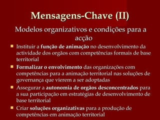 Mensagens-Chave (II) Modelos organizativos e condições para a acção Instituir a  função de animação  no desenvolvimento da actividade dos orgãos com competências formais de base territorial  Formalizar o envolvimento  das organizações com competências para a animação territorial nas soluções de governança que vierem a ser adoptadas Assegurar a  autonomia de orgãos desconcentrados  para a sua participação em estratégias de desenvolvimento de base territorial  Criar  soluções organizativas  para a produção de competências em animação territorial  