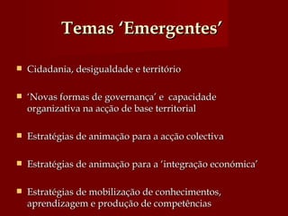 Temas ‘Emergentes’  Cidadania, desigualdade e território  ‘ Novas formas de governança’ e  capacidade organizativa na acção de base territorial Estratégias de animação para a acção colectiva Estratégias de animação para a ‘integração económica’ Estratégias de mobilização de conhecimentos, aprendizagem e produção de competências 
