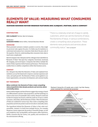 © 2016 Harvard Business Publishing. All rights reserved.
HBR.ORG INSIGHT CE NT E R | R E INV E NT ING MA R KET RESEARCH: MEASURING MARKETING INSIGHTS
| 7 5
ELEMENTS OF VALUE: MEASURING WHAT CONSUMERS
REALLY WANT
HARVARD BUSINESS REVIEW WEBINAR FEATURING ERIC ALMQUIST, PARTNER, BAIN & COMPANY
CONTRIBUTORS
ERIC ALMQUIST Partner, Bain & Company
Moderator:
GARDINER MORSE Senior Editor, Harvard Business Review
OVERVIEW
When potential customers evaluate a product or service, they weigh
its perceived value against the price. It is fairly easy for marketers to
understand and analyze how consumers think about the price side of
the equation. However, understanding what consumers truly value is
much more complicated.
Bain & Company’s Eric Almquist and his colleagues have identified 30
“Elements of Value” that span four categories: functional, emotional,
life changing, and social impact. Companies that deliver multiple Ele-
mentsofValueexperiencebetterbusinessperformance.Thisframework
enables firms to redefine competition within their business sector.
CONTEXT
Eric Almquist described the Elements of Value and explained how
marketerscanusethisframeworktoimprovecustomerexperienceand
value, and spark growth. The Elements of Value can be applied to cus-
tomersegmentation,newproductdevelopment,andcustomerloyalty.
KEY TAKEAWAYS
When combined, the Elements of Value create compelling
value propositions that elevate products and services above
commodity status.
AuthorsRobertKaplanandDavidNortonsuggestthatstrategyisbased
on a differentiated customer value proposition, and that satisfying cus-
tomersisthesourceofsustainablevaluecreation.Researchconducted
by Bain & Company has found a relatively small set of ways to satisfy
customers,whichBaincallstheElementsofValue.WhentheElements
of Value are combined in various ways, they create a compelling value
propositionandelevateproductsandservicesabovecommoditystatus.
The hypothesis behind the Elements of Value is that value isn’t
monolithic. Instead, it is built from multiple factors. For example,
Nespresso owners appreciate the product’s beautiful design, as well
as its simplicity, time-saving ability, and European coffee experience.
Netflix customers like the variety, cost, quality, and convenience of
the entertainment offering.
“There is a relatively small set of ways to satisfy
customers, which we call the Elements of Value.
The Elements of Value, in various combinations,
create a compelling value proposition. These
elements raise products and services above
commodity status.” ERIC ALMQUIST
 