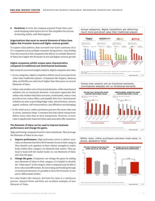 © 2016 Harvard Business Publishing. All rights reserved.
HBR.ORG INSIGHT CE NT E R | R E INV E NT ING MA R KET RESEARCH: MEASURING MARKETING INSIGHTS
| 7 7
6.	 Nordstrom. In 2014, the company acquired Trunk Club, a per-
sonal shopping subscription service that simplifies the process
of selecting stylish, well-fitted apparel.
Organizations that excel on several Elements of Value have
higher Net Promoter Scores and higher revenue growth.
To explore value patterns, Bain surveyed over 8,000 customers of 47
U.S.companiesacrossmultipleconsumer-facingsectors.Akeyfinding
from this research is that companies that deliver on multiple Elements
of Value have higher Net Promoter Scores and higher revenue growth.
Digital companies exhibit unique value characteristics
compared to traditional and omnichannel businesses.
Bainresearchuncoveredinsightsrelatedtodigitalcompaniesandvalue.
• Across categories, digital competitors deliver much more perceived
value than traditional players. Companies like Zappos, Amazon,
eBay, and Netflix are rated much higher than their peers on several
Elements of Value.
• Online-onlyretailerswinonfunctionalelements,whileomnichannel
websites win on emotional elements. Consumers appreciate that
online-onlyretailershelpthemsavetime,avoidhassles,reducecosts,
provide access, reduce effort, and simplify their lives. Omnichannel
websites are seen as providing badge value, attractiveness, sensory
appeal, wellness, self-transcendence, and affiliation and belonging.
• In the retail sector, online purchasers perceive the most value and
in stores, assistance helps. Customers feel that online transactions
deliver more value than in-store transactions. However, in-store
valueissignificantlyimprovedwhensalesassociatesofferassistance.
The Elements of Value can be used to improve business
performance and change the game.
High-performing companies hunt for value relentlessly. They leverage
the Elements of Value in two ways:
1.	 Improve performance. High performers strive to deliver more
valueonelementsthatdriveNetPromoterScoresintheircategory.
They identify and capitalize on their relative strengths to widen
leads within their category on elements that matter. They go
head to head with the market leader on core Elements of Value
and close the gaps.
2.	 Change the game. Companies can change the game by adding
new Elements of Value to their category. It is helpful to identify
the“whitespace”inthecategorywherecompaniesmaybeableto
drivevalueanddifferentiate.Byinnovatingandbreakingthrough
on emotional elements, it’s possible to drive Net Promoter Scores
and to differentiate further.
For value leaders like Amazon, the hunt for value is a continuous
process. Amazon Prime and Echo are excellent examples of new
Elements of Value.
 