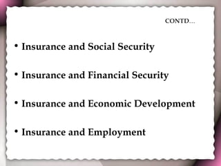 CONTD … Insurance and Social Security Insurance and Financial Security Insurance and Economic Development   Insurance and Employment   