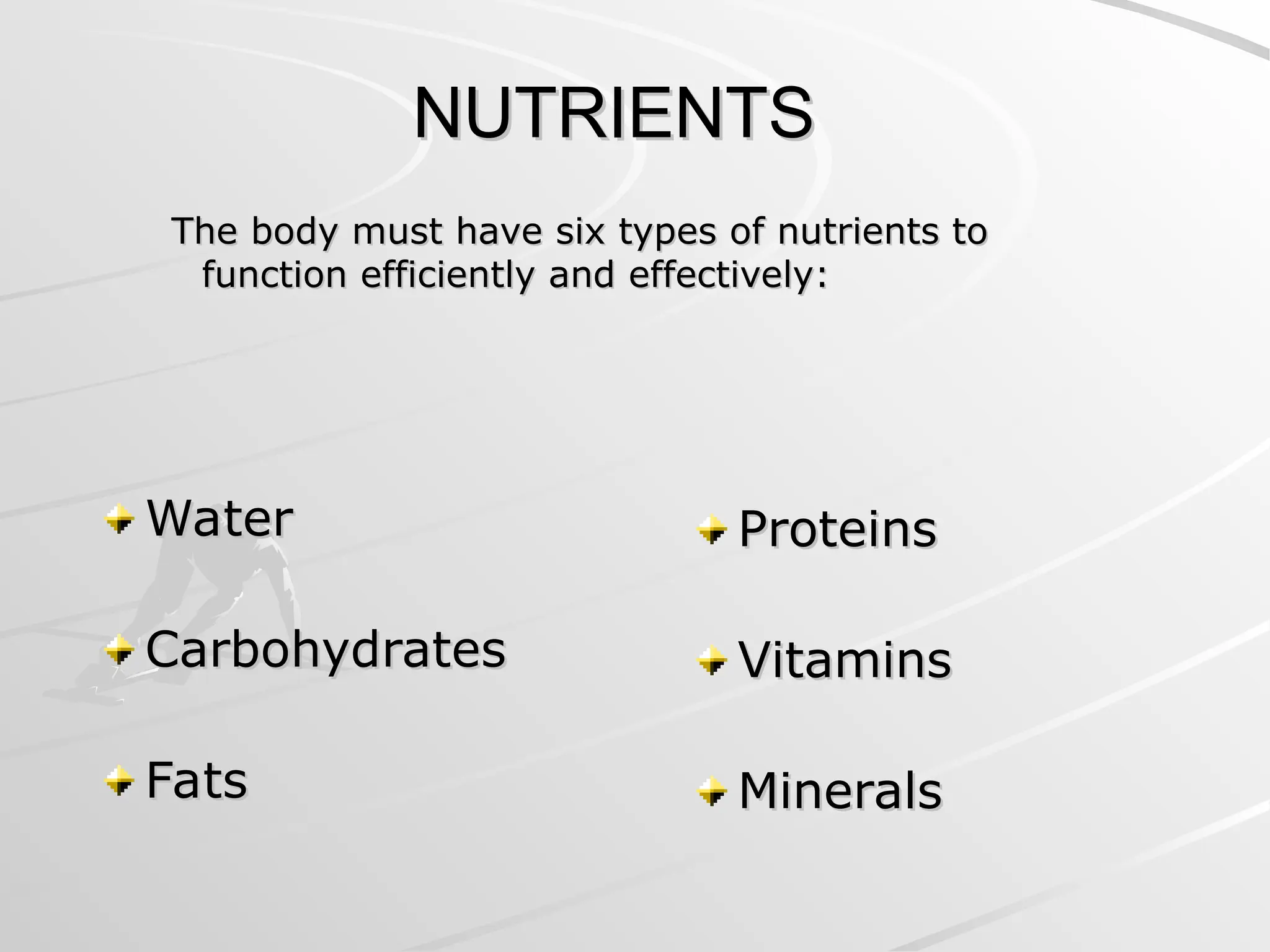 NUTRIENTS
NUTRIENTS
Water
Water
Carbohydrates
Carbohydrates
Fats
Fats
Proteins
Proteins
Vitamins
Vitamins
Minerals
Minerals
The body must have six types of nutrients to
The body must have six types of nutrients to
function efficiently and effectively:
function efficiently and effectively:
 