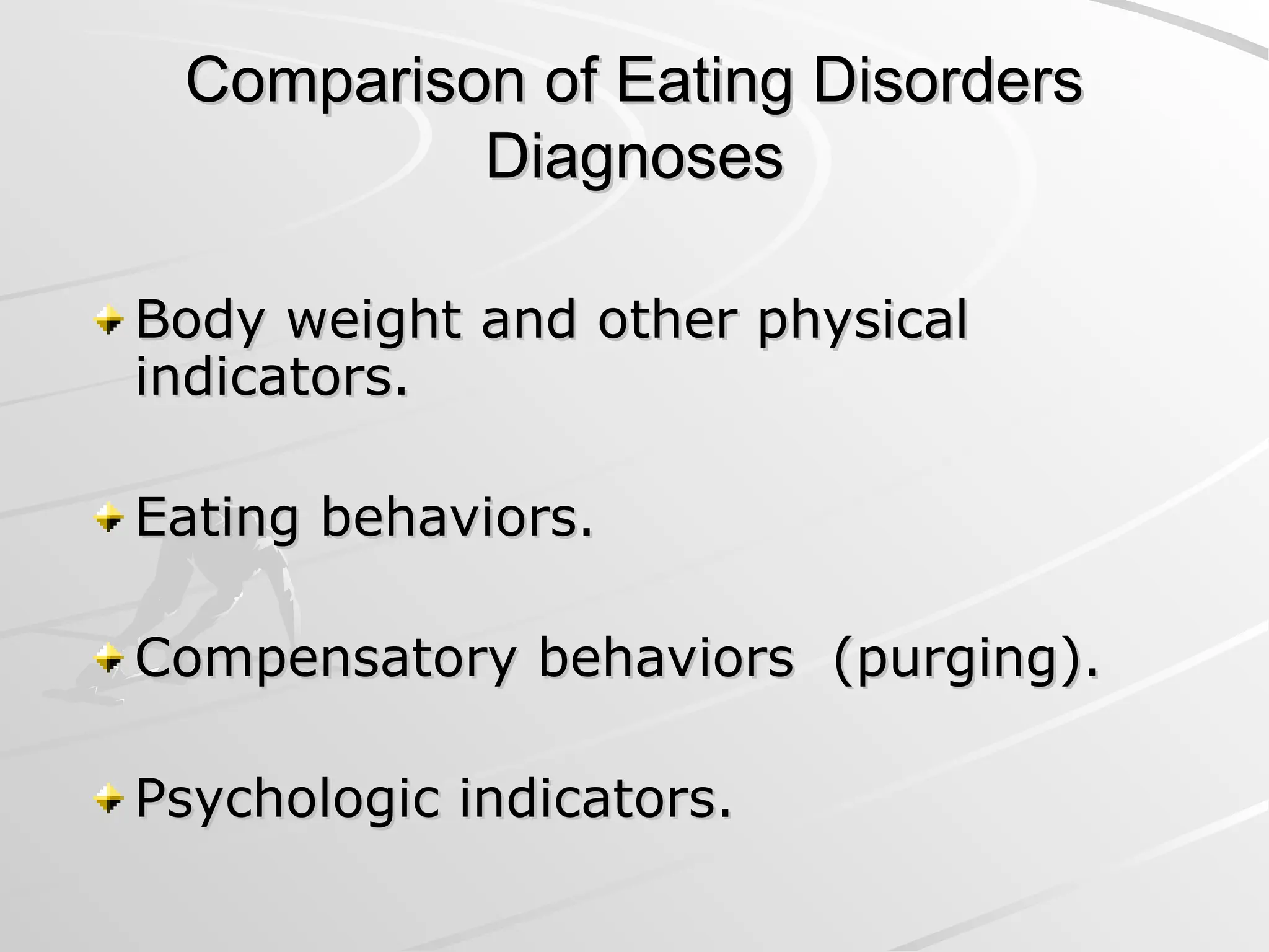 Comparison of Eating Disorders
Comparison of Eating Disorders
Diagnoses
Diagnoses
Body weight and other physical
Body weight and other physical
indicators.
indicators.
Eating behaviors.
Eating behaviors.
Compensatory behaviors (purging).
Compensatory behaviors (purging).
Psychologic indicators.
Psychologic indicators.
 