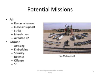Potential Missions
• Air
– Reconnaissance
– Close air support
– Strike
– Interdiction
– Airborne C2
• Ground
– Advising
– Embedding
– Security
– Defense
– Offense
– SF
The Washington Institute for Near East
Policy
5
Su-25/Frogfoot
 